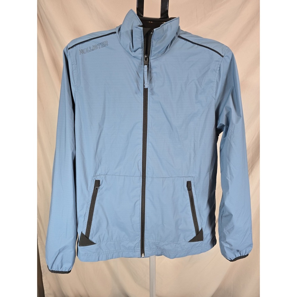 Hollister Men's Sky Blue Windbreaker Jacket Full Zip-Up High Collar Size Medium
